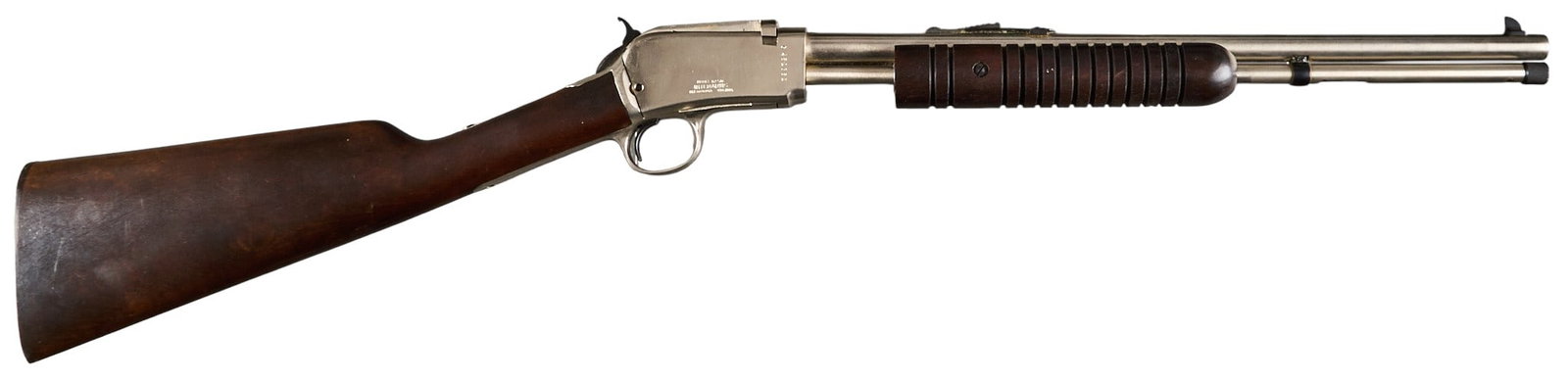 Rossi Model 62 SAC 22 LR Slide Action Carbine: Serial: G452862 Manufacturer: Amadeo Rossi-Brazil / Interarms Model: 62 SAC Caliber: 22 LR Barrel length: 16.5 in. OAL: 33 in. Condition: Good; lightly used; good bore Includes: nickel finish Provenan