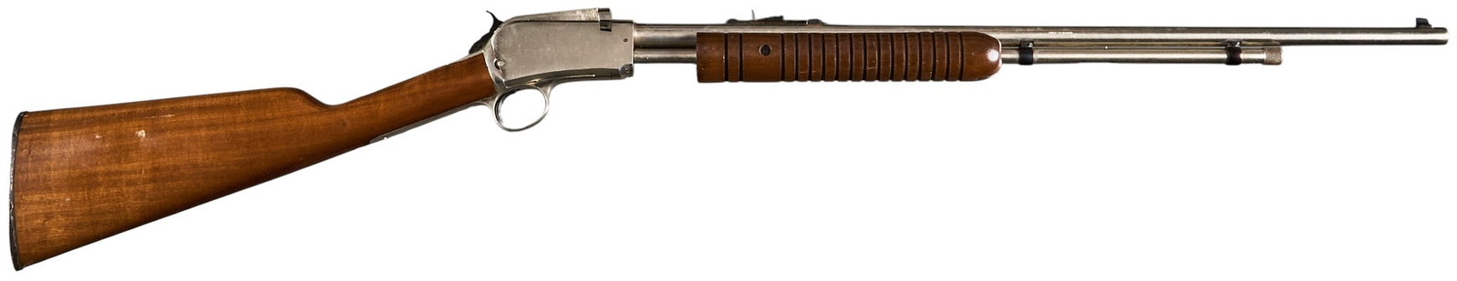 Nickel Rossi Model 62 SA 22 LR Slide Action Rifle: Serial: G285330 Manufacturer: Amadeo Rossi-Brazil / Interarms Model: 62 SA Caliber: 22 LR Barrel length: 23 in. OAL: 39.5 in. Condition: Good; lightly used; light rust; good bore Includes: n