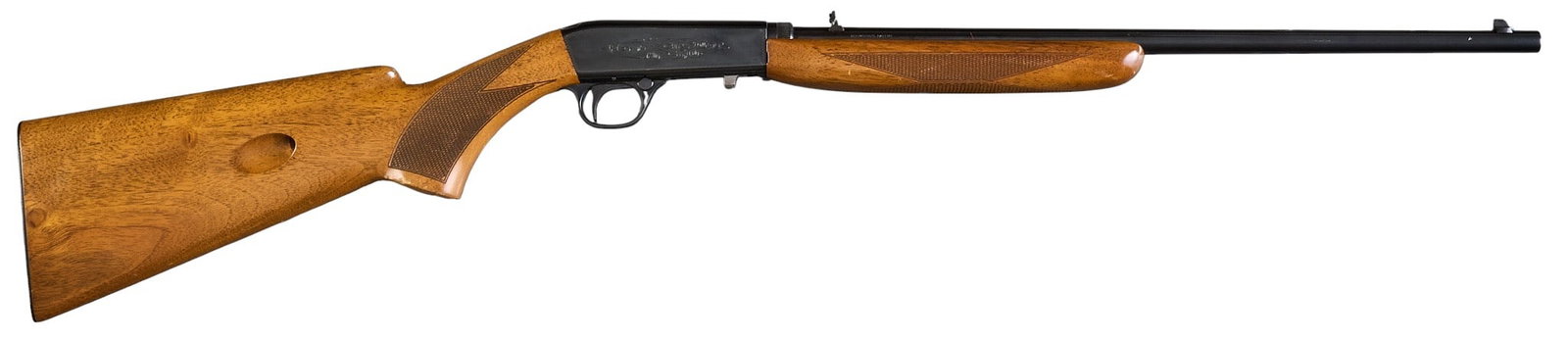 FN Browning SA-22 22LR Semi Auto Rifle: Serial: 9T5151 Manufacturer: FN-Belgium / Browning (c. 1969) Model: SA-22 Caliber: 22 LR Barrel Length: 19.375 OAL: 37 in. Condition: Good; light wear & handling marks throughout; small pressure d