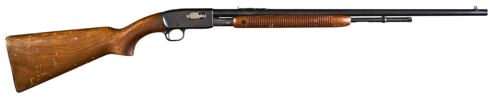 Remington Fieldmaster 121 22 LR Slide Action Rifle: Serial: 139020 Manufacturer: Remington Model: Fieldmaster 121 Caliber: 22 LR Barrel Length: 24.75 in. OAL: 42 in. Condition: Good; moderate used condition; bore is good & bright Provenance: 