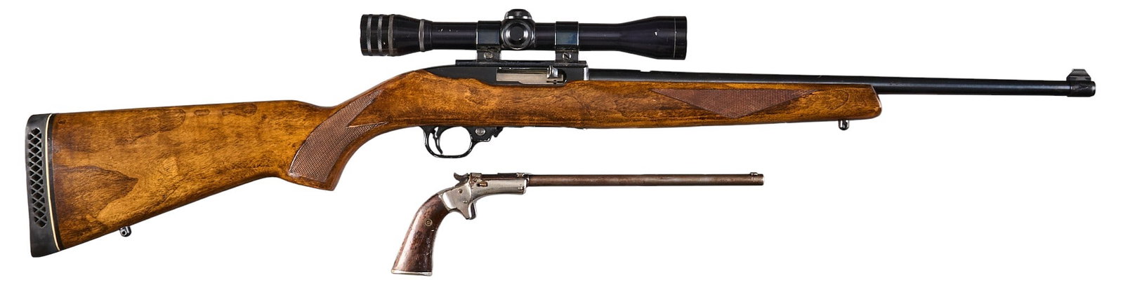 Pair: J. Stevens Diamond No. 43 and Ruger 10/22: Pair: J. Stevens 22 pistol and Ruger 10/22 Includes: 1) J. Stevens Diamond No. 43 (second issue) 22 LR target pistol; SN: 51827 (c. 1896-1916); 10 inch barrel; Fair condition; moderate wear w/ light r