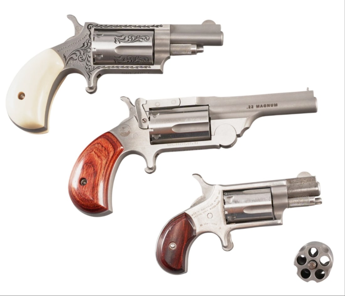 3 North American Arms Mini Revolvers: Serial: (1) G45582 ; (2) E502385 ; (3) BTT02987 Manufacturer: North American Arms Model: (1&2) NAA Mini; (3) Ranger II Caliber: (1) 22 LR; (2&3) 22 WMR Condition: (1) Good (2&3) Very