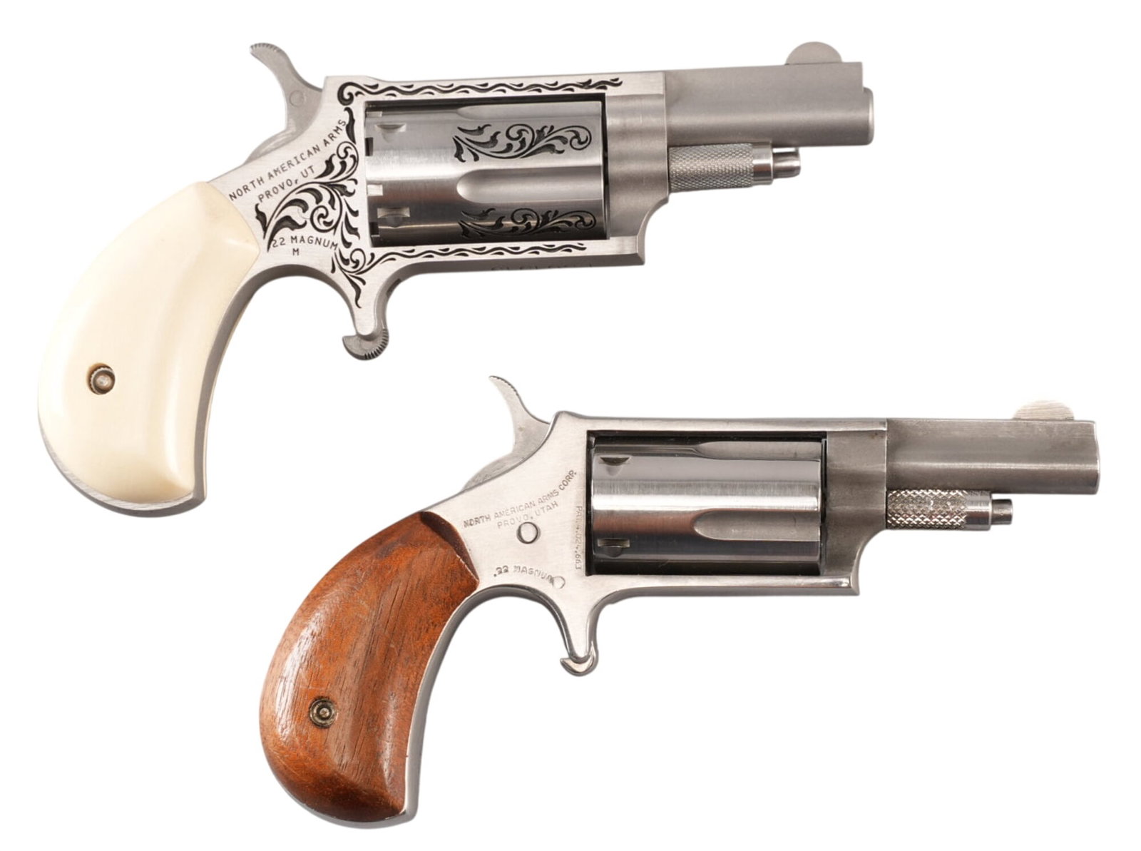 Pair of North American Arms 22 WMR Mini Revolvers: Serial: (1) E501919 ; (2) D21420 Manufacturer: North American Arms Model: NAA Mini Caliber: 22 WMR Condition: (1) Very Good (2) Good; some light wear & handling marks; bores are good &