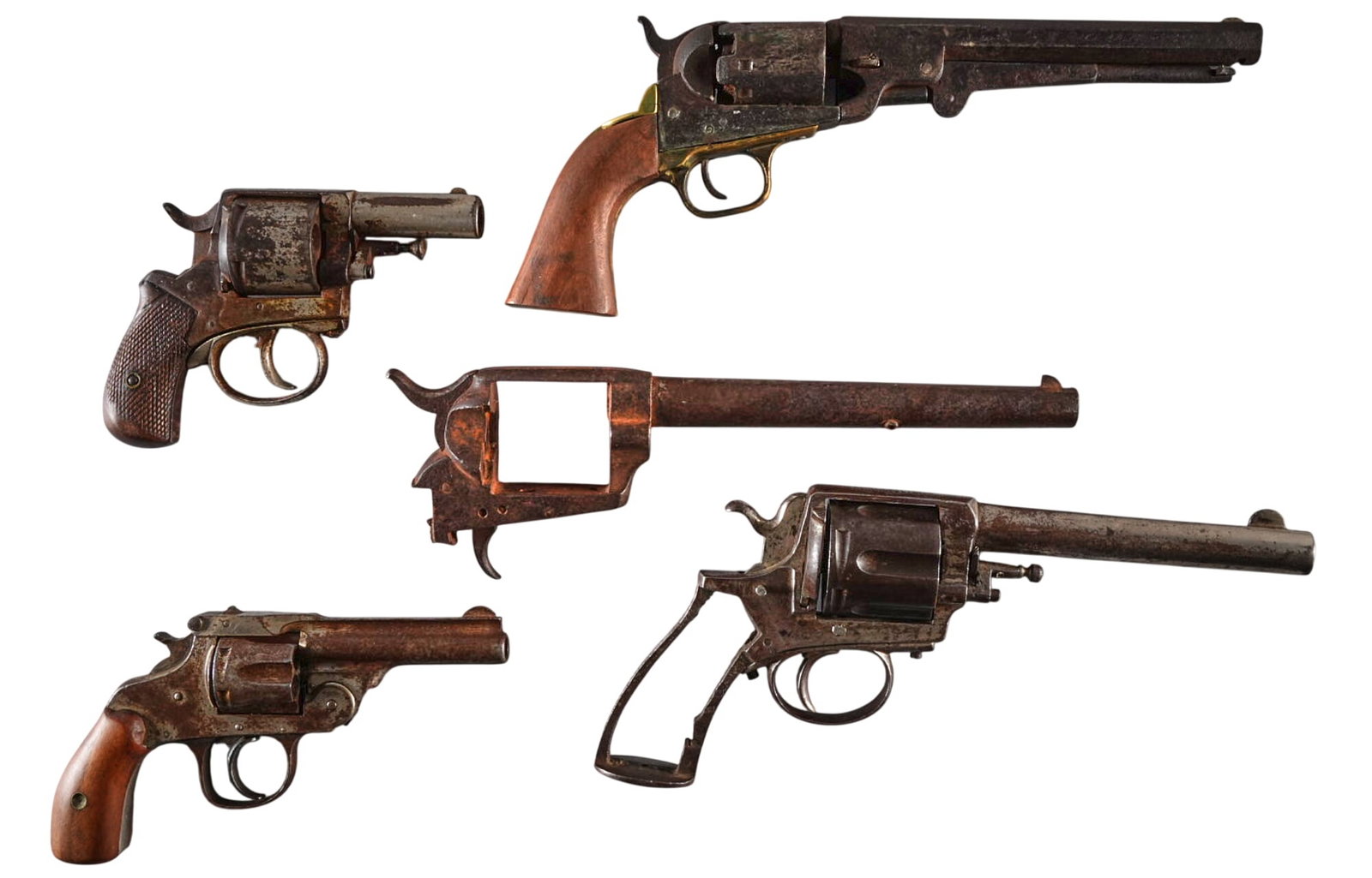 Collection of 5 Poor Condition C&R Revolvers: Collection of 5 revolvers Includes: 1) Belgian Frontier Army 44 WCF revolver; SN: NSN; poor condition; missing parts, non-functional 2) Spanish 1873 Colt Euskaro 44 WCF revolver; SN: 65; poor-relic co