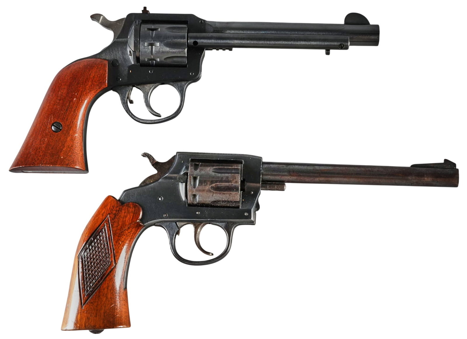 Pair: H&R Model 949 and Iver Johnson Target Revolvers: Pair of 22 LR revolvers Includes: 1) Iver Johnson Target Sealed 8 (Second Model) 22 RF revolver; SN: N45884; Good-fair condition; moderate handling marks; bore is very good & brigh