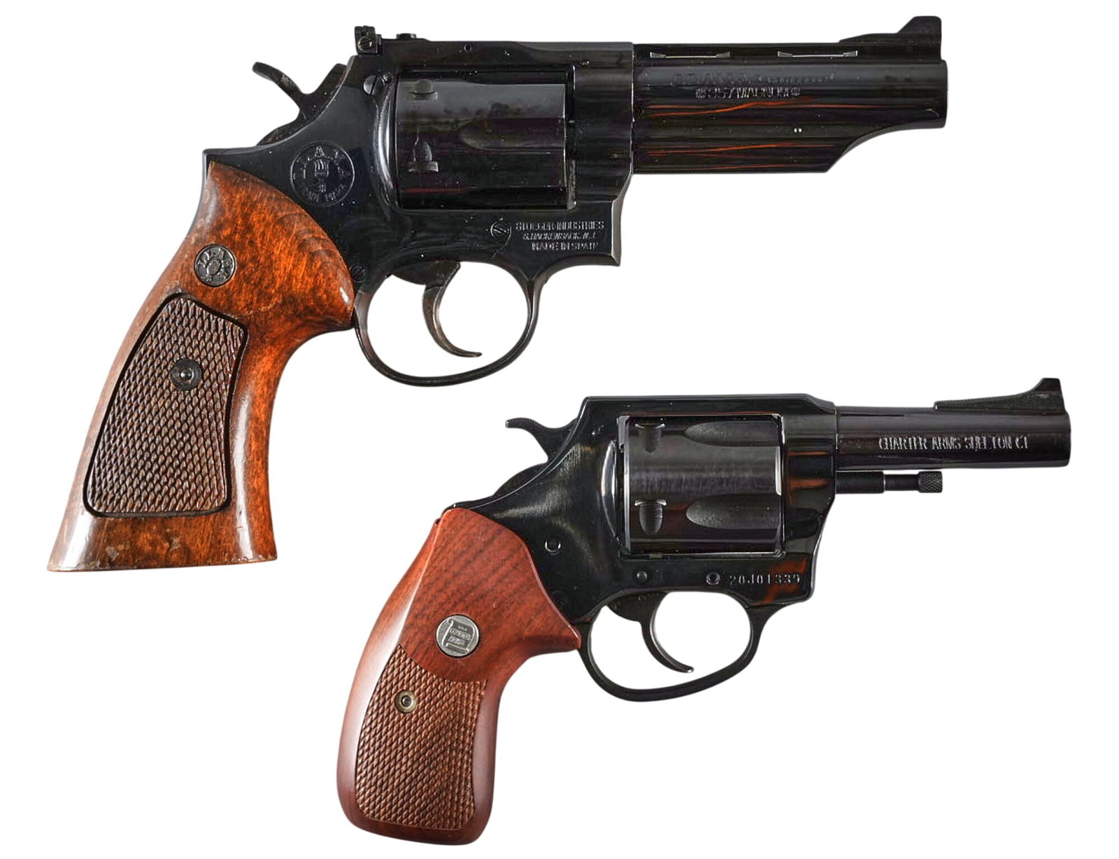 (Pair) Llama Comanche and Charter Arms Bulldog Revolvers: Serial: (1) S830180; (2) 20J01339 Manufacturer: (1) Gabilondo Y Cia Vitori-Espana / Stoeger; (2) Charter Arms Model: (1) Comanche; (2) Bulldog Caliber: 357 Magnum; (2) 44 Spl Barrel length: 4 in.; (2)