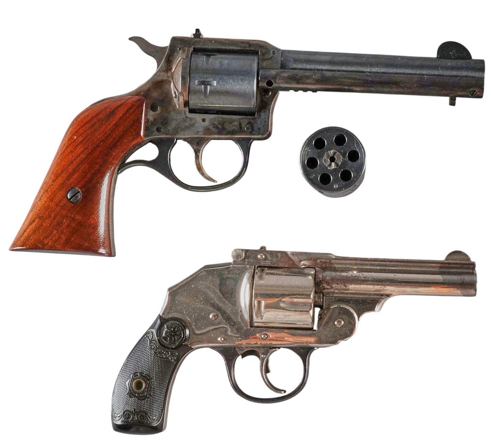 Pair of Revolvers: Serial: (1) AR74017 ; (2) R31874 Manufacturer: (1) H&R Inc.; (2) Iver Johnson Model: (1) 676; (2) Top Break Hammerless Caliber: (1) 22LR / 22 WMR; (2) 38 S&W Condition: Good (1); Fair (2); (1)