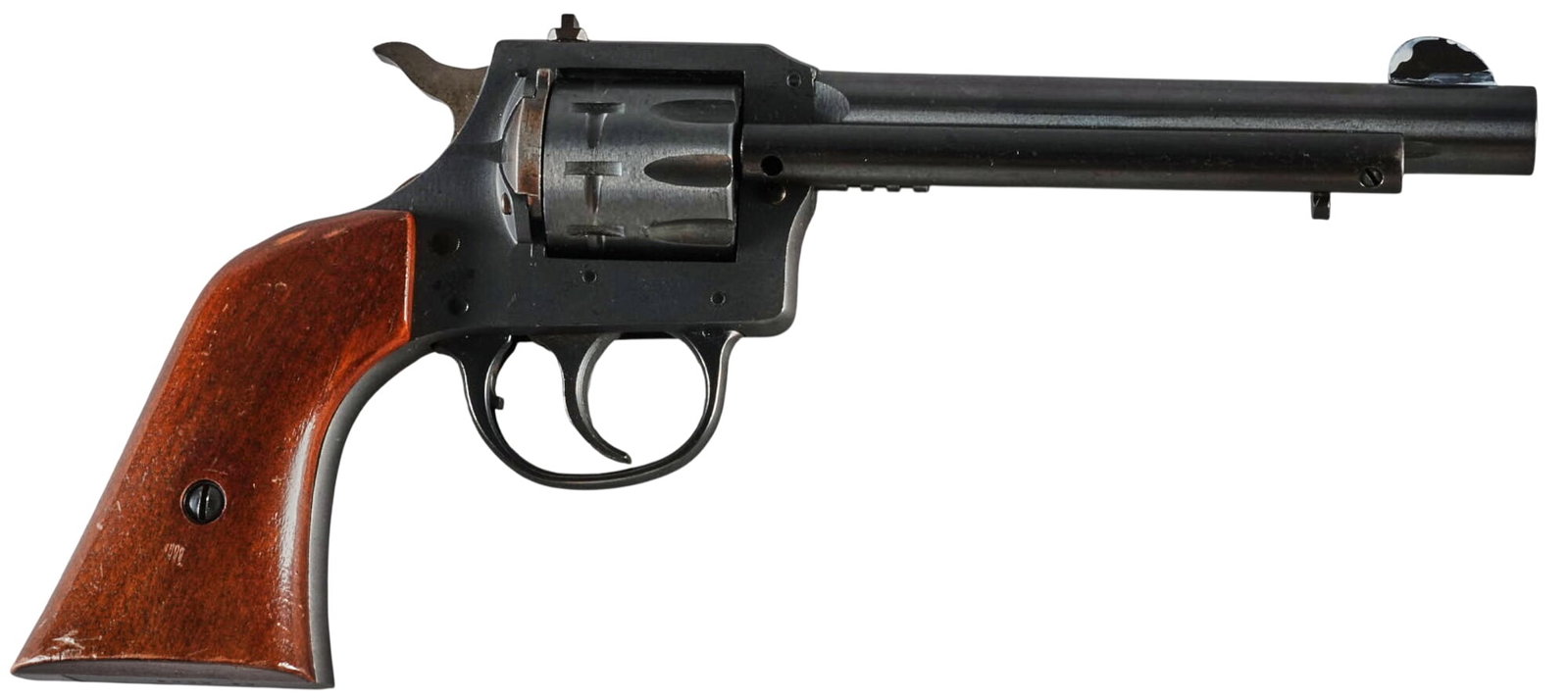 H&R Model 949 22 LR Revolver: Serial: AS5509 Manufacturer: H&R Model: 949 Caliber: 22LR Barrel length: 5.5 in. OAL: 9.5 in. Condition: Good; light wear & handling marks; front sight has been painted; bore is very good &