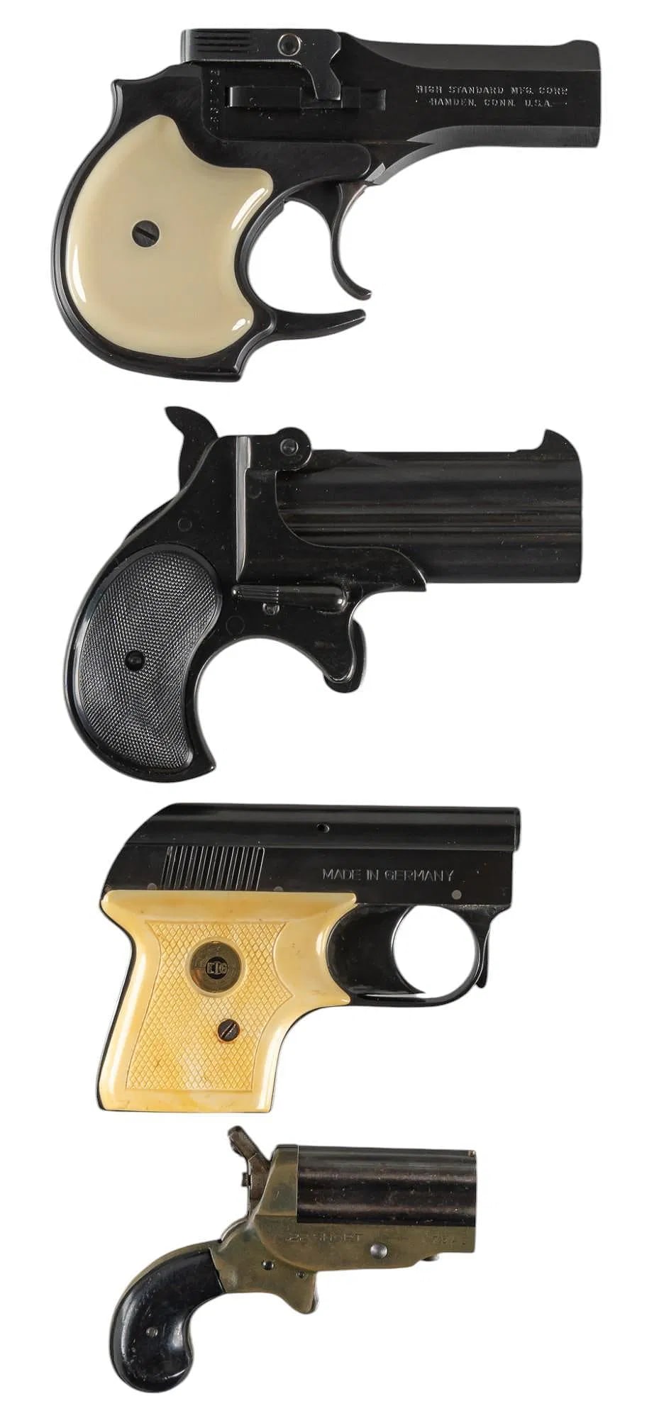 Lot of 4 Mixed Derringers and Starter Pistol: Lot of 4 Derringers and Starter Pistol Includes: (1) Erl Svendsen "4 Aces" 22 Short pepperbox pistol; fair condition w/ patina on brass frame; bores are good & bright w/ strong rifling; 