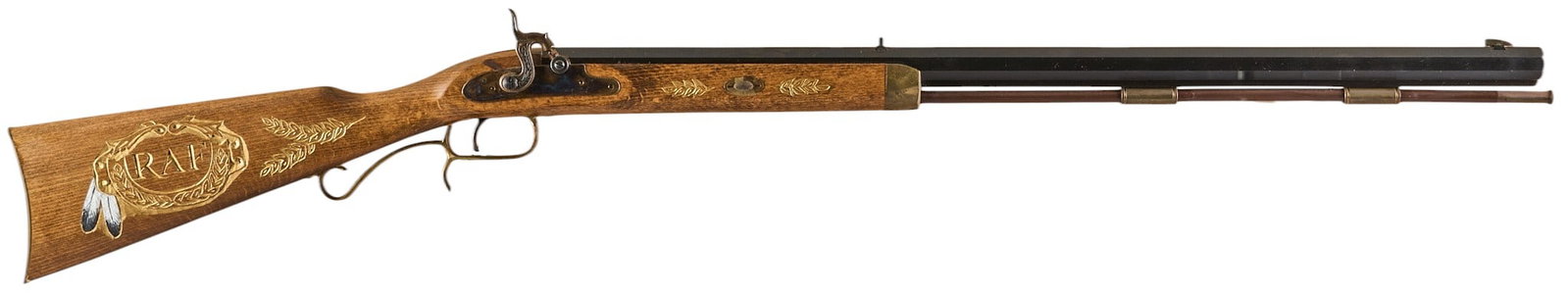 Traditions Springfield Hawken 50 Cal. Percussion Plains Rifle: Serial: 14-13-052707-95 Manufacturer: Traditions-Spain/CT. Model: Springfield Hawken Caliber: 50 cal. Barrel length: 27 in. OAL: 44 in. Condition: Good; mostly moderate wear w/ some surface rusting on