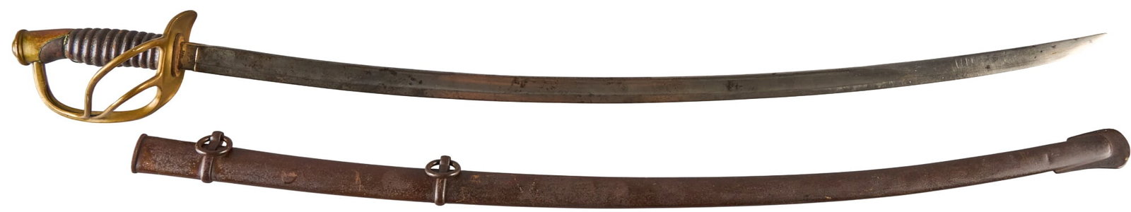 US Civil War 1864 Dated Emerson & Silver M1860 Light Cavalry Saber W/ Scabbard: Manufacturer: Emerson & SIlver Model: M1860 Light Cavalry saber Blade Length: 34.5 in. in. Overall Length: 42.5 in. w/ scabbard Condition: Good; blade has moderate wear & pitting with some dar