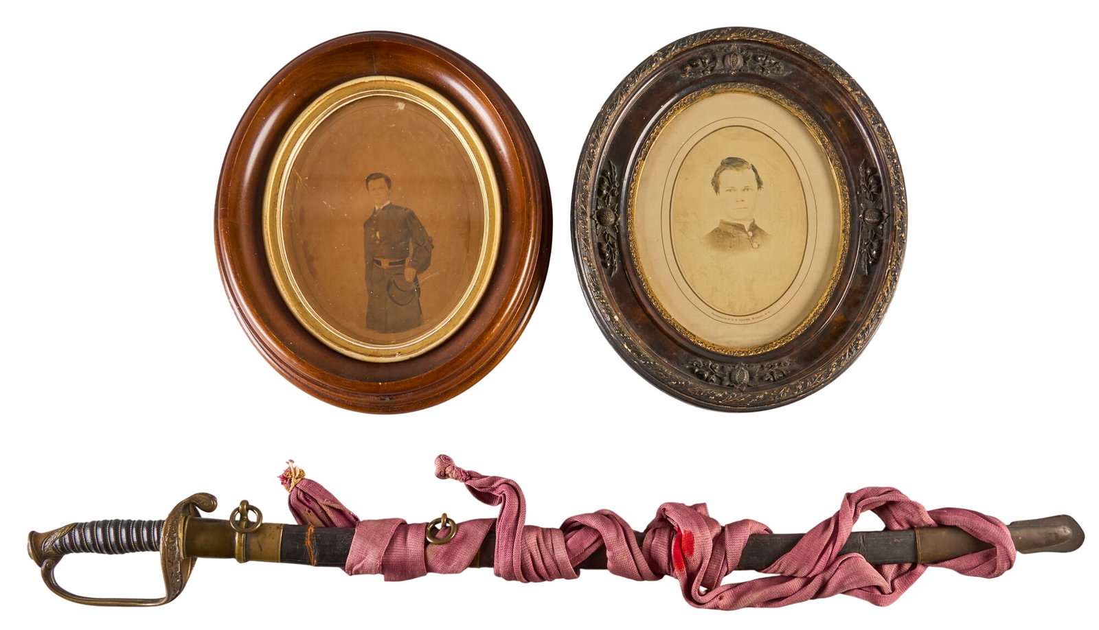 US M1850 Foot Officer's Sword W/ Hand Colored Photographs: M1850 Solingen Beehive Mark Officer's Sword w/ etched blade & period red officer's sash attached to scabbard; 30.5 in. blade length, 37 in. OAL Framed photographs of a period off