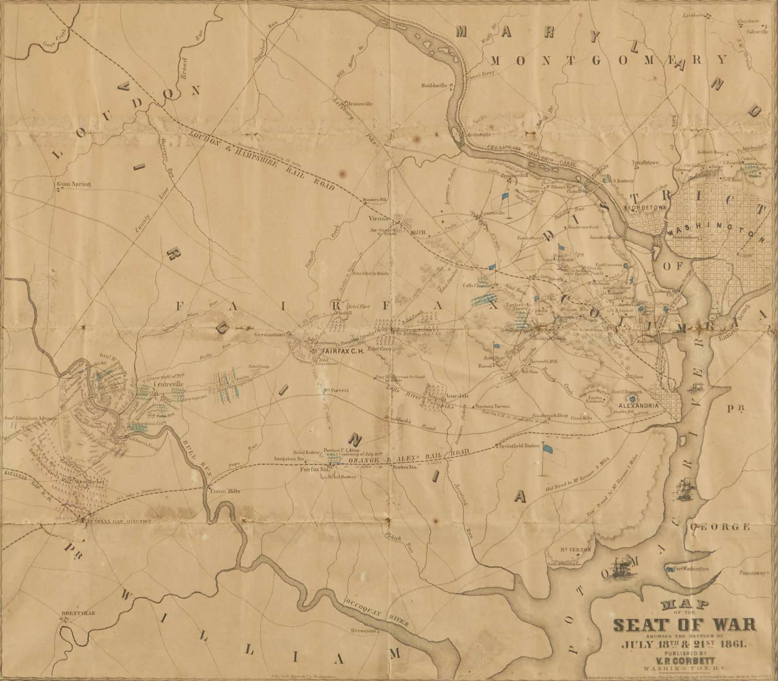 US Civil War Map "The Seat of War" (Washington, D.C.), By V.P. Corbett (1 of 3)