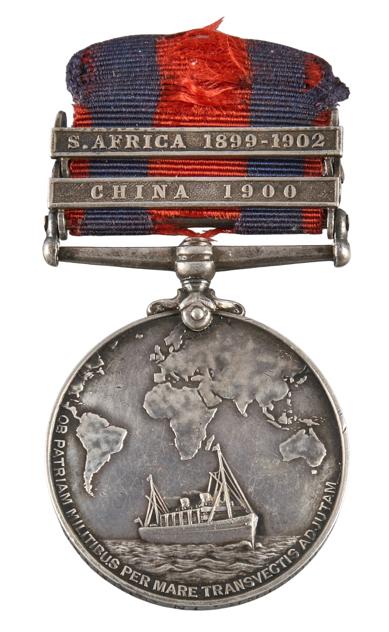 Rare Named Boxer Rebellion and Boer War Silver British Transport Medal: Rare silver British transport medal awarded to mercantile marine officers for campaigns in the Boxer Rebellion (China 1900) and the Boer War (S. Africa 1899-1902). This is a rare example (1 of 178) du
