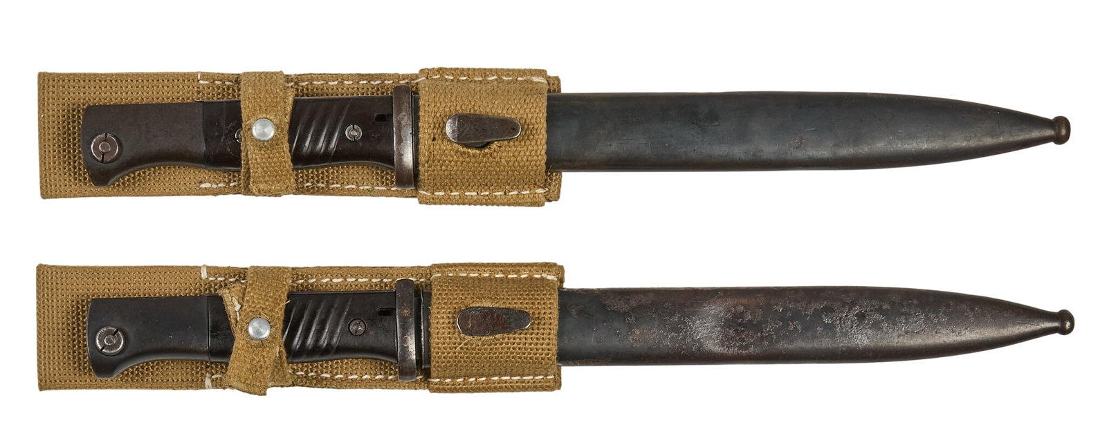 Pair of WWII German K98 Solingen Bayonets W/ Scabbards: Includes: -1) Paul Weyersberg-Solingen 1940 bayonet w/ matching scabbard; SN: 2604e; Waffenamt 253 stamps; repro Afrika Korps frog; blade finish is very good w/ marks above Ricasso; blade length-10 in