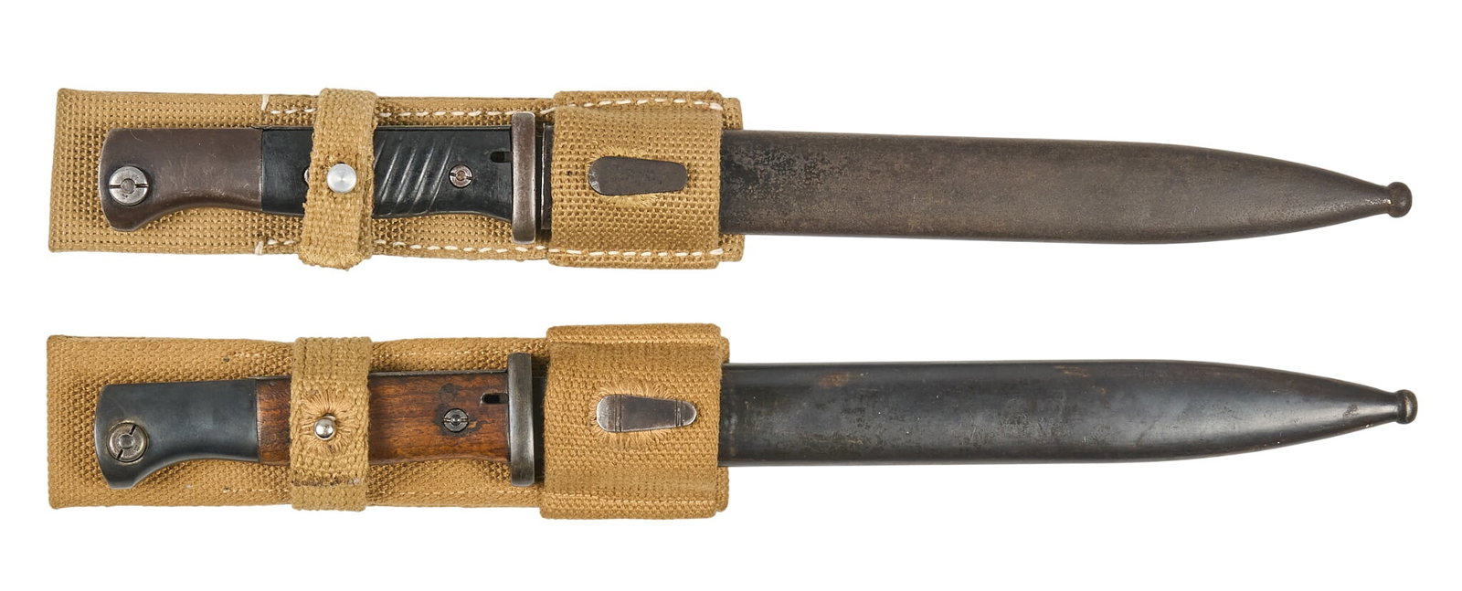 Pair of WWII German K98 Solingen Bayonets W/ Scabbards: Includes: -1) S/244 Mundlos 1936 bayonet w/ non-matching Alex Coppel scabbard; SN: 2604e; Waffenamt 253 stamps; repro Afrika Korps frog; blade finish is good w/ moderate wear; blade length-1