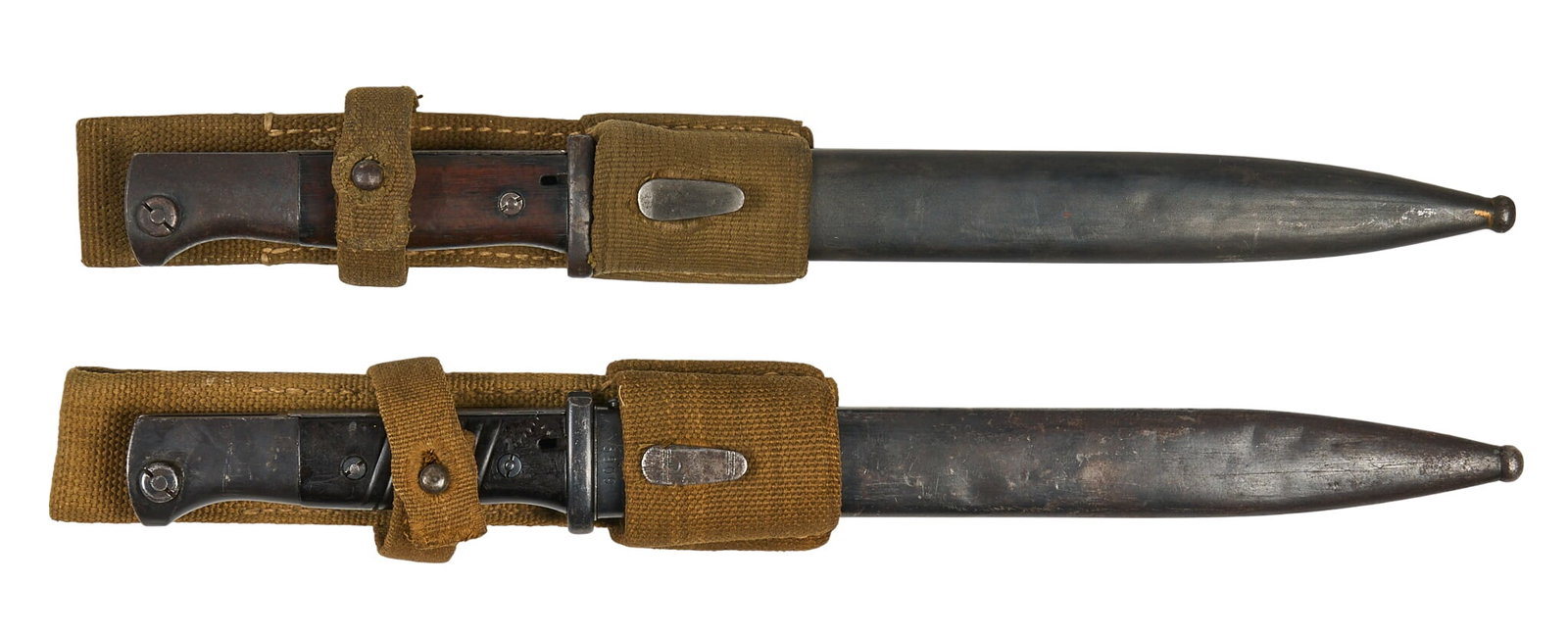 Pair of WWII German Afrika Korps Elite Diamant K98 Bayonets W/ Scabbards: Includes: -1) S/185 Elite Diamant 1937 bayonet w/ non-matching scabbard; SN: 1210b & 3786g; eagle 218 stamps; original Deutsche Afrika Korps frog; blade finish is very good w/ scabbard w