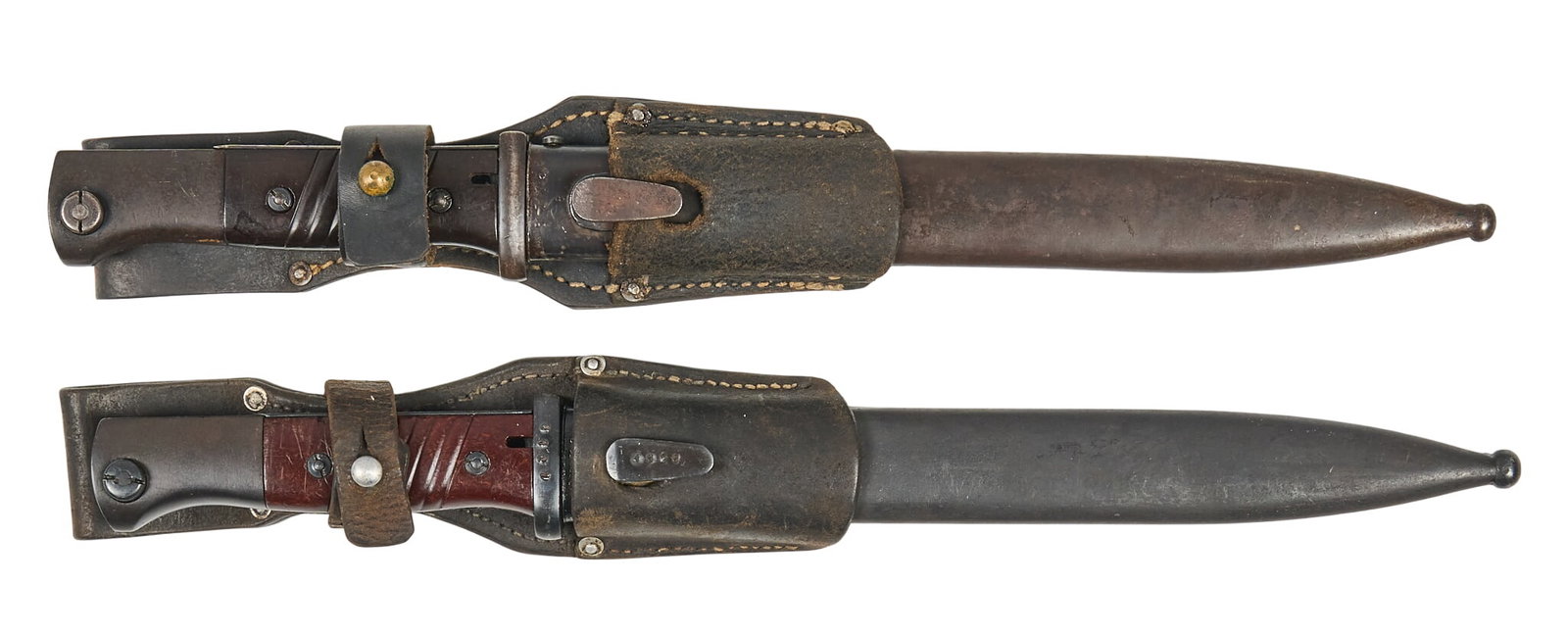 Pair of WWII German K98 Solingen Bayonets W/ Scabbards & Leather Frogs: Includes: -1) Paul Weyersberg-Solingen 1940 bayonet w/ matching scabbard; SN: 5775e; Waffenamt 253 stamps; genuine leather frog; blade finish is good w/ heavy grind marks on edge; blade length-10
