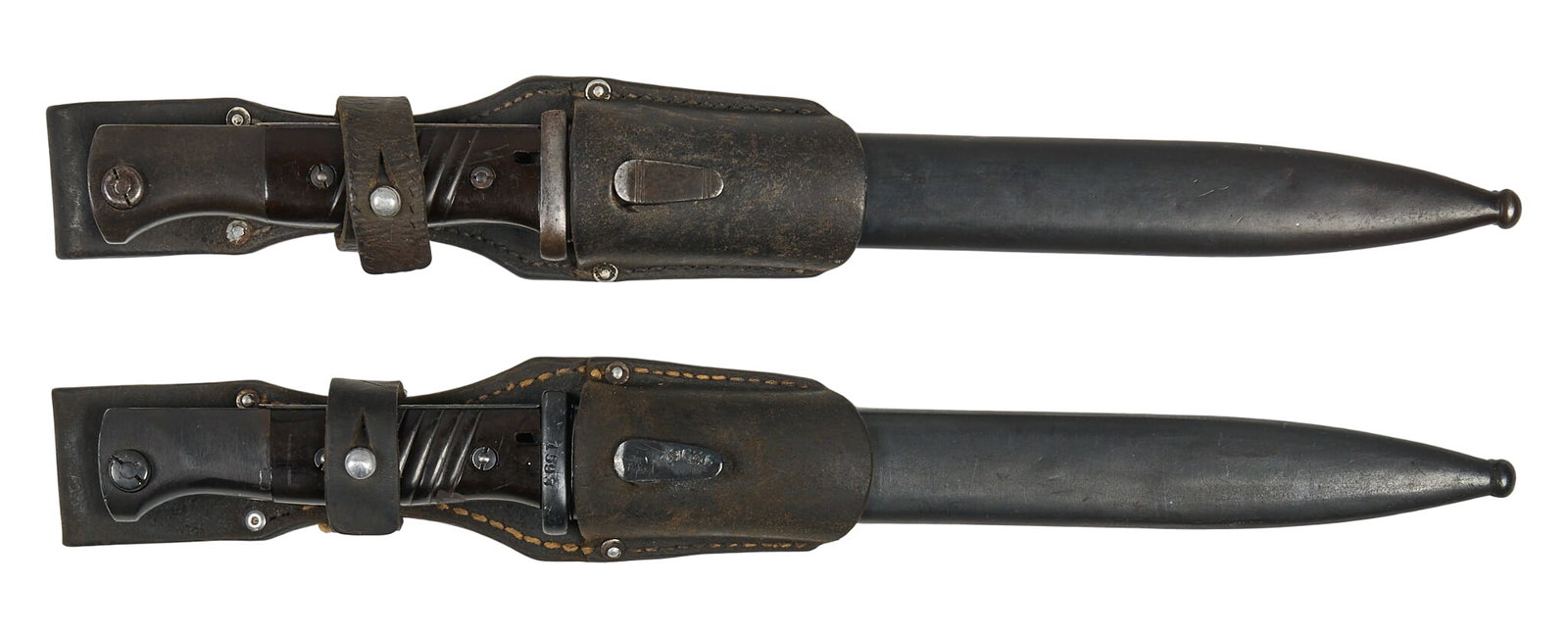 Pair of Very Nice WWII German K98 Bayonets W/ Scabbards: Includes: -1) S/185 Elite Diamant 1937 bayonet w/ non-matching scabbard; SN: 6662 & 7980u; genuine leather frog; blade finish is very good w/ light scabbard wear; blade length-