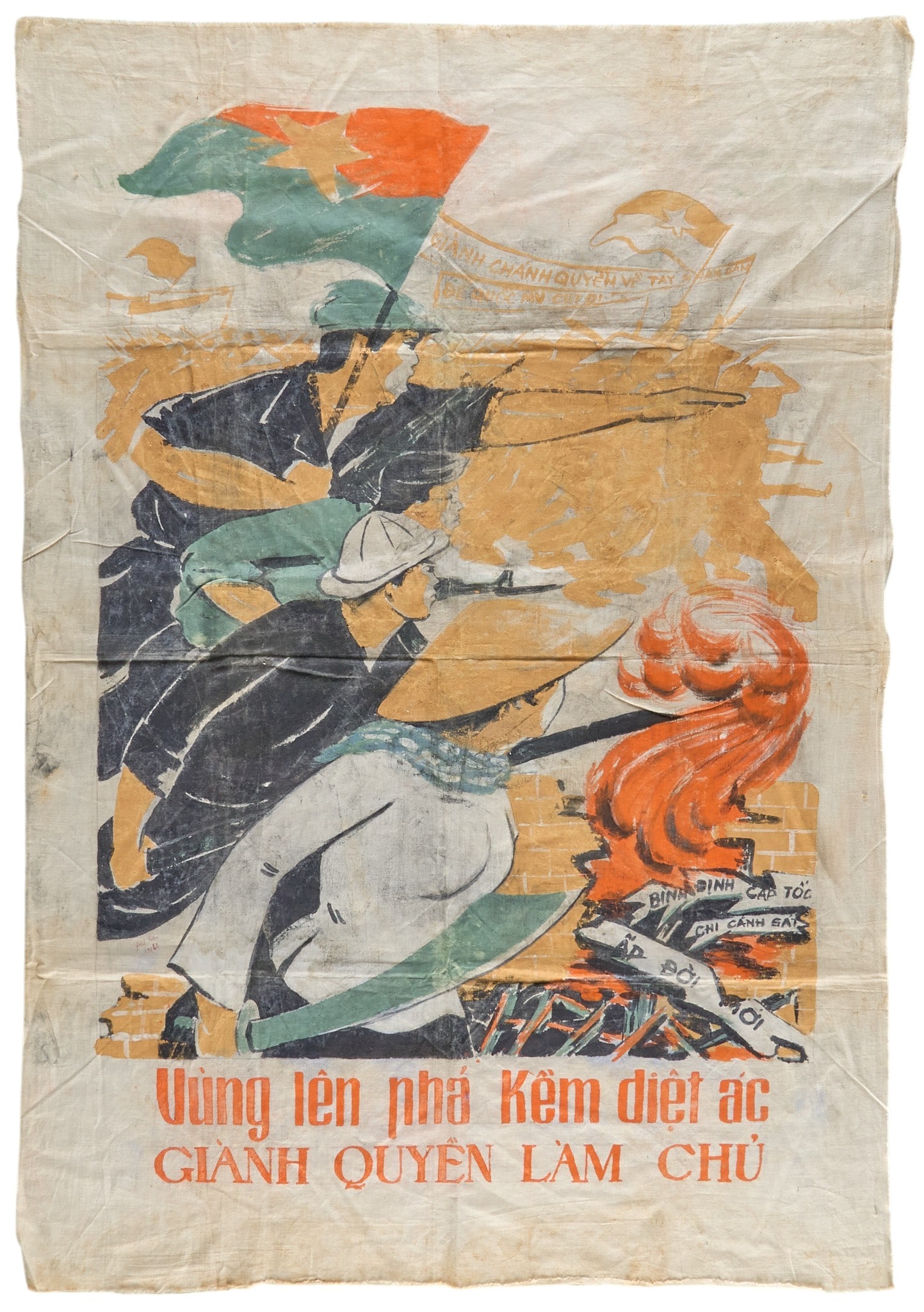 Vintage Hand-Painted Vietnam Banner: Vintage hand-painted Vietnam rebellion propagand banner on cloth Details: the banner is signed "Phi Son 12/68" -the banner roughly translates to "Rise up and destroy evil! Take control." Dimensions: 2