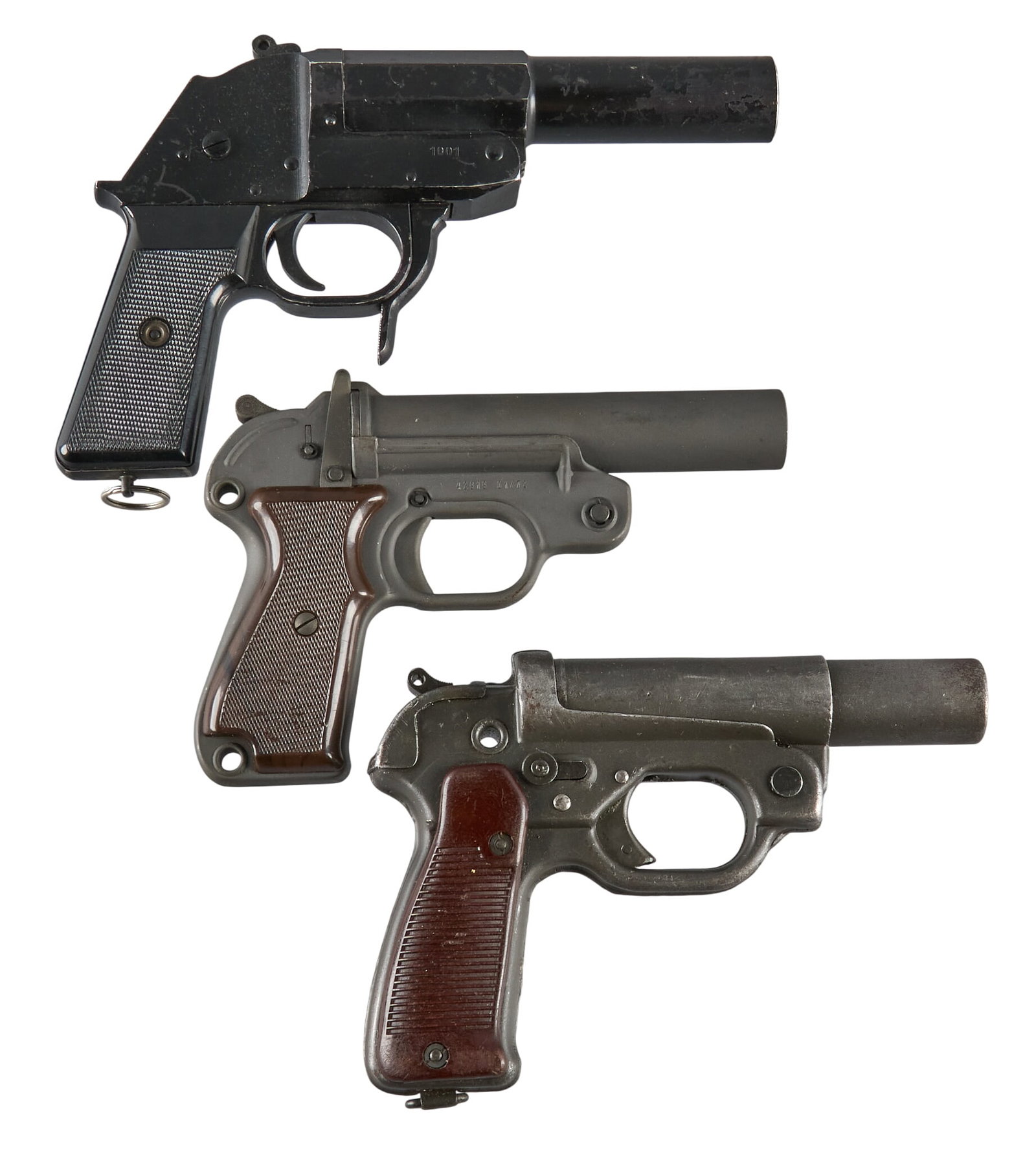 Collection of 3 German 26.5mm Flare Pistols W/ Holsters: Collection of 3 German flare pistols Includes: -1) East German-Suhl 26.5mm flare pistol w/ black leather holster case (dated 1966?); SN: 23612 -2) German WWII "euh" code C.u.W. Meinel-