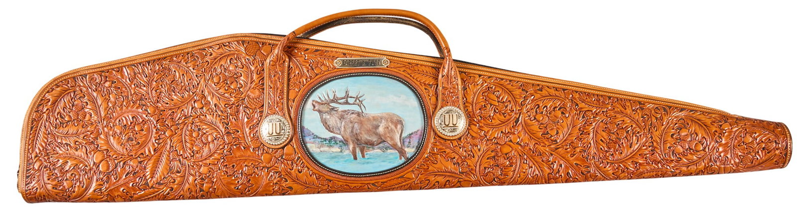 John D. Rule Embossed Leather Rifle Case For Robert A. Funk W/ Hand-Painted Elk Scene: John David Rule custom Embossed leather rifle case w/ hand-painted elk scene; painting is signed "Rule '13"; leather embossing features oak leaves and acorns; silver & gold-plate riv