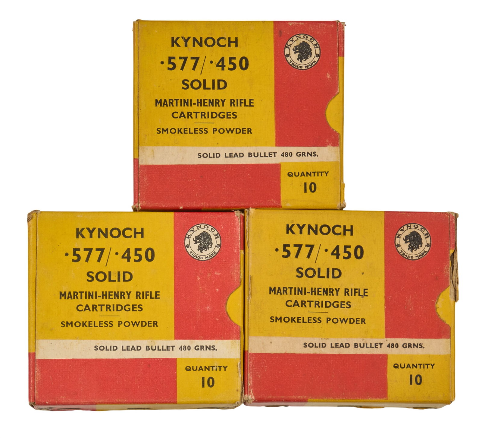 30 Rounds of Kynoch 577/450 Martini Ammunition: Includes: -(3) 10 round packs of 577/450 Martini 480gr Ammunition Provenance: A San Antonio, Texas gentleman