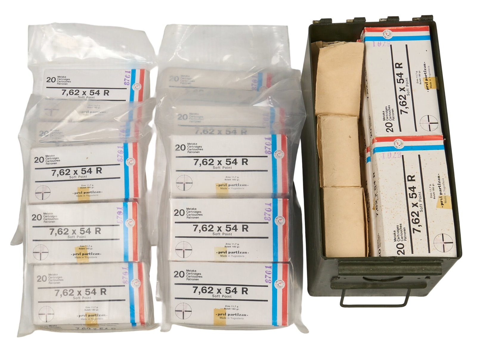 800 Rounds of Mixed 7.62x54R Ammunition: Includes: -380 rounds of Yugo Prvi 7.62x54R 180gr SP -420 rounds of Russian surplus 7.62x54R Provenance: A Wimberly, Texas estate