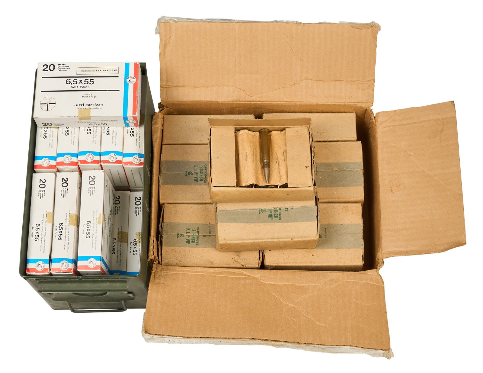 Approx. 960 Rounds of 6.5x55 and 303 British Ammunition: Includes: -380 rounds of Century Arms Yugo Prvi 6.5x55 Swiss 140gr. -approx. 580 rds of surplus 303 British FMJ Provenance: A Wimberley, Texas estate