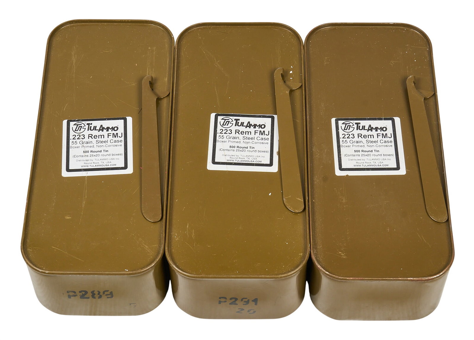1500 Rounds of TulAmmo 223 in Sealed Spam Cans: Includes: -3 cans of 500 round of TulAmmo 55gr FMJ 223 Rem. Provenance: A San Antonio, Texas estate