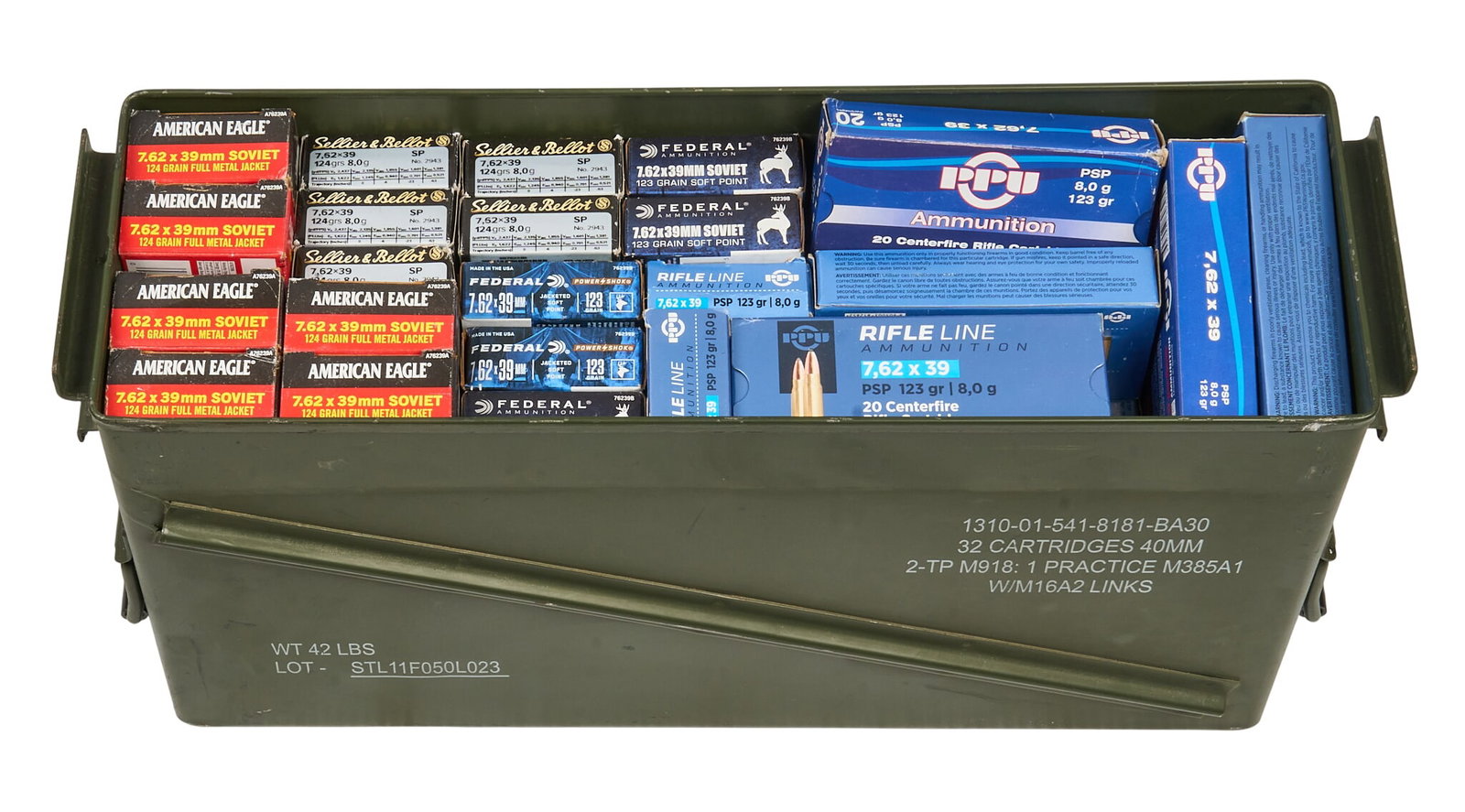 Approx. 1320 Rounds of Mixed 7.62x39 Ammunition: Includes: -580 rounds of Red Army Standard 122gr HP -120 rounds of American Eagle 124gr FMJ -100 rounds of S&B 124gr SP -127 rounsd of Hornady 123gr SST -140 rounds of Federal 123gr SP -260 rounds