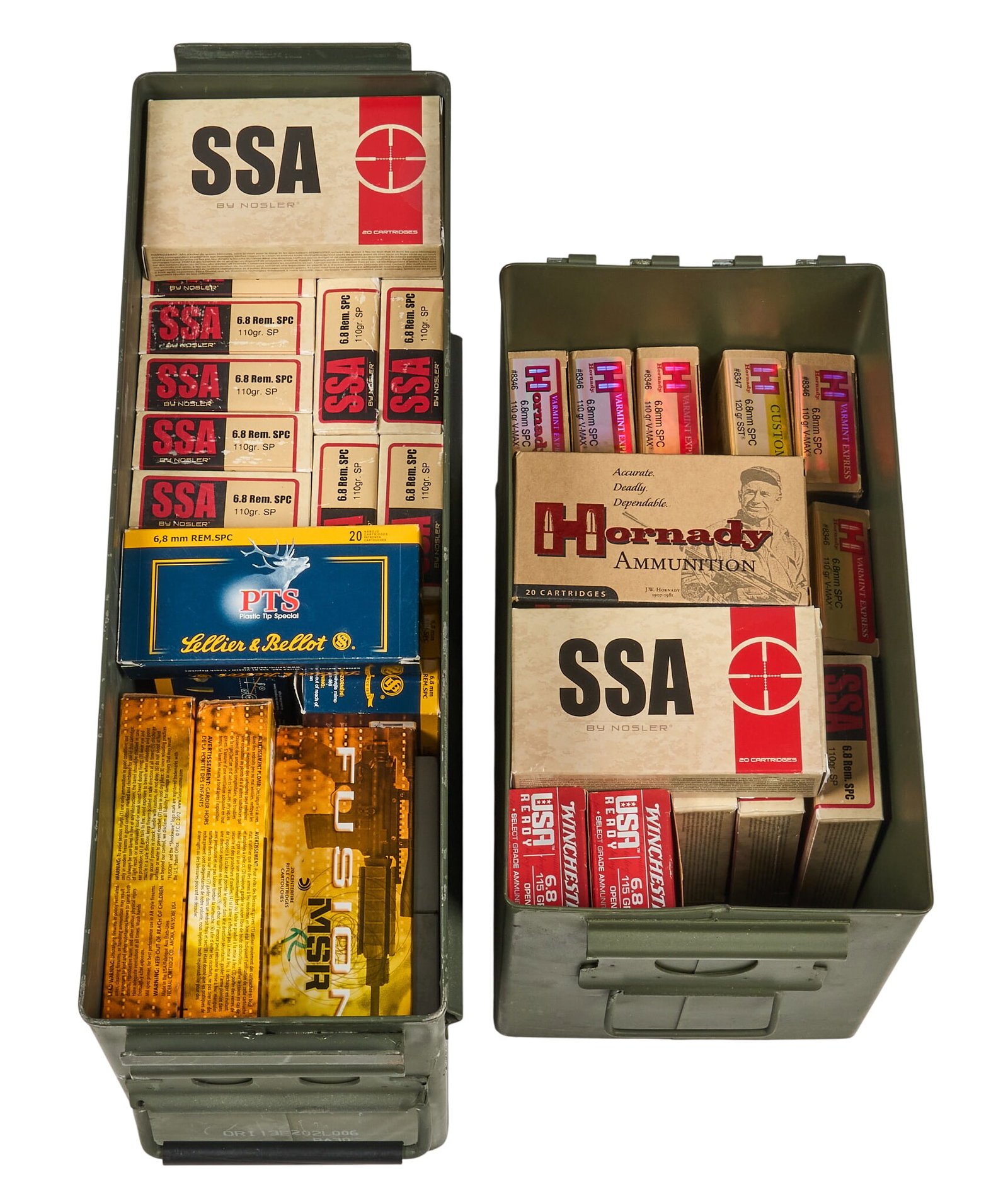 Approx. 1150 Rounds of Mixed 6.8 SPC Ammunition: Includes: -400 rounds of SSA 6.8 SPC 110gr. SP -40 rounds of Winchester 6.8 SPC 115gr. OT -100 rounds of S&B 6.8 SPC 11gr. PTS -220 rdounds of Federal Fusion 6.8 SPC 115gr. MSR -390 rounds of mixe