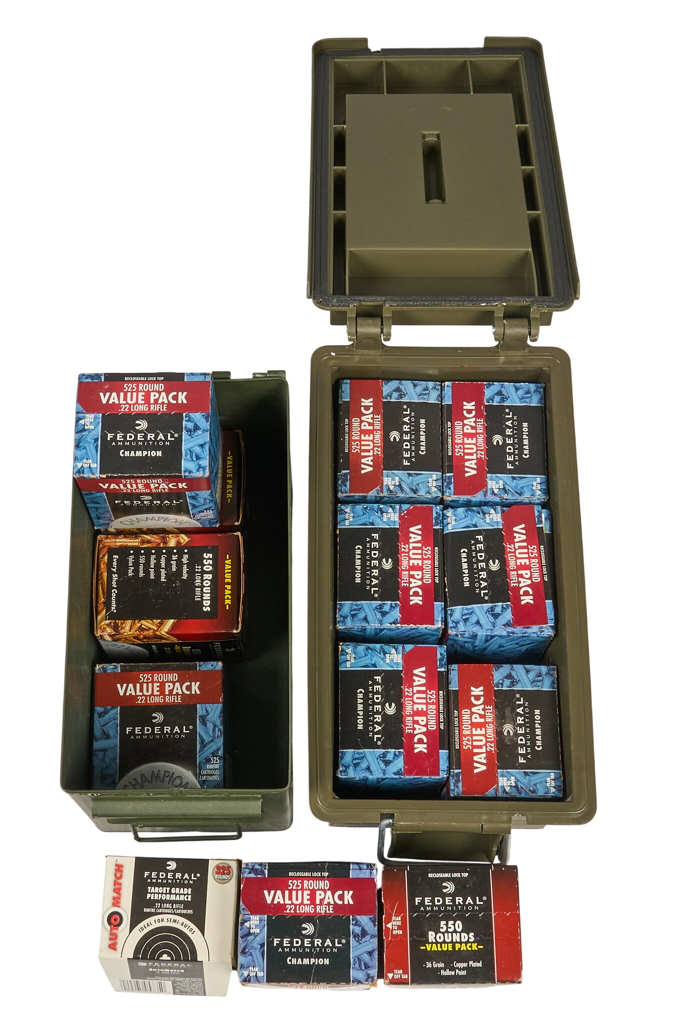 Approx. 6700 Rounds of Mixed Federal 22 LR Ammunition: Includes: -6700 rounds of mixed Federal 22 LR Provenance: A San Antonio, Texas estate