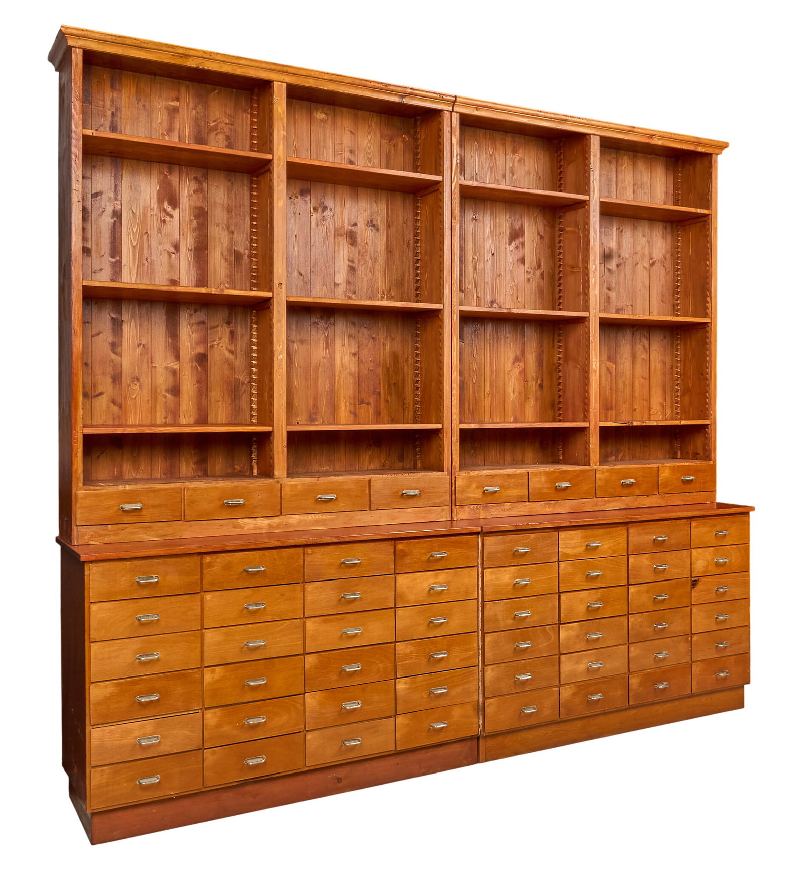 Monumental Apothecary Cabinet: Monumental wooden apothecary cabinet with open shelves, counter top, and fifty six drawers height 109.5 in. x width 123 in. x depth 21.5 in. 