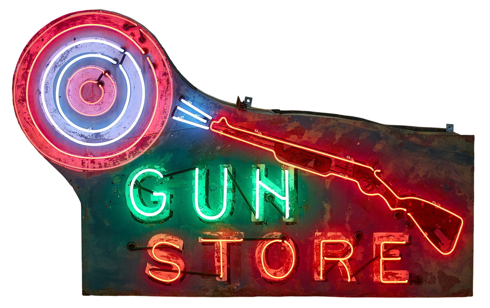 Gun Store Animated Neon Sign: Gun store neon sign, with shooting rifle and bull's eye target animation, and original canister with newer backing; originally one double-sided storefront sign that was split to create two