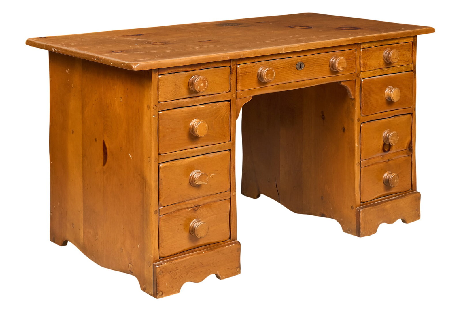 Rare W.R. Dallas Pedestal Desk: W.R. Dallas pedestal desk with four stacked drawers, marked height 29.5 in. x width 56 in. x depth 29.5 in. Provenance: Property from a home in San Antonio, Texas Condition: