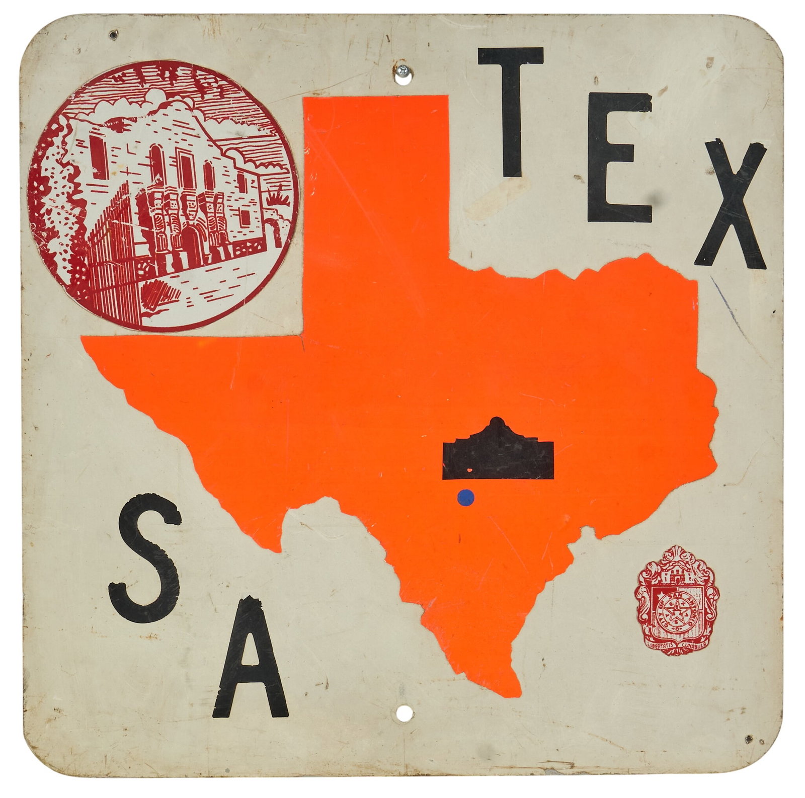 Texas, San Antonio Alamo Sign: Texas, San Antonio Alamo tin sign height 18.5 in. x width 10 in. Provenance: Property from a Rockport, Texas home