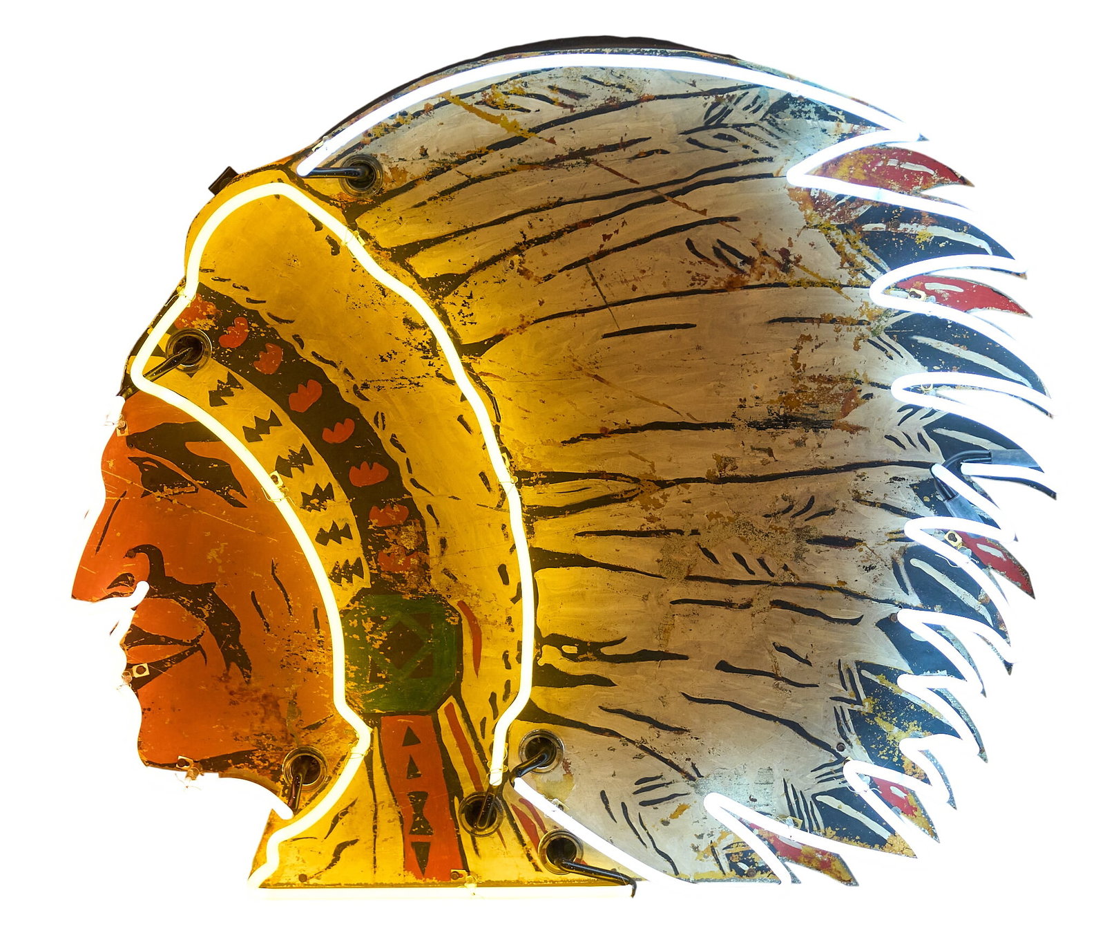 Native American Chief Neon: Custom-made neon sign with vintage painted metal sign and new custom neon tubing, depicting Native American chief in feathered headdress, in working condition, includes shipping crate height 39 in. x