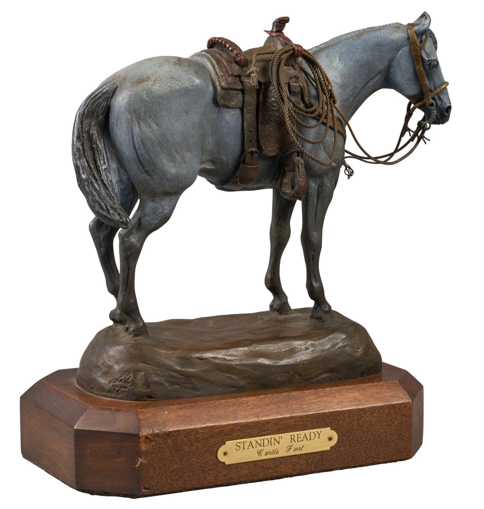 Curtis Fort, "Standin' Ready": Curtis Fort (New Mexico, b. 1949), "Standin' Ready", artist-cast bronze sculpture on rotating wooden base, with incised signature, edition number 10/30, and date, 1995 height 10