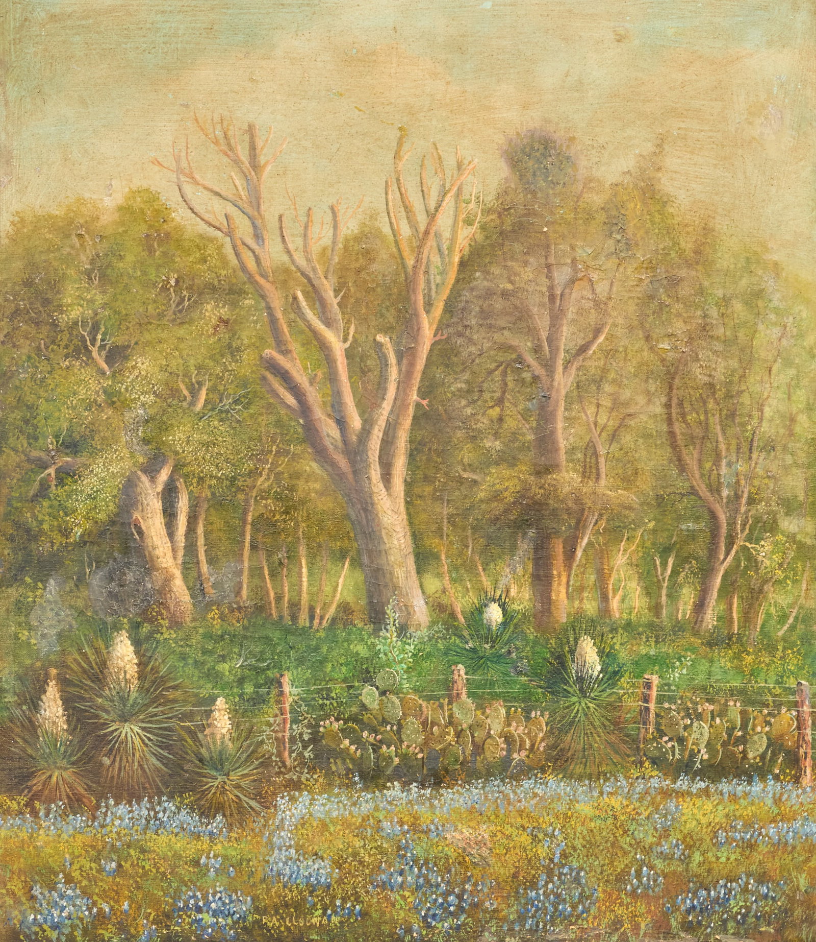 Francis Cloonan, Bluebonnet Road: Francis Austin Cloonan (Ireland / Texas, 1865-1950), bluebonnet landscape, oil on canvas, circa late 1800s - early 1900s sight: 30 x 26 in., frame: 35.5 x 21.5 in. Provenance: Property from a