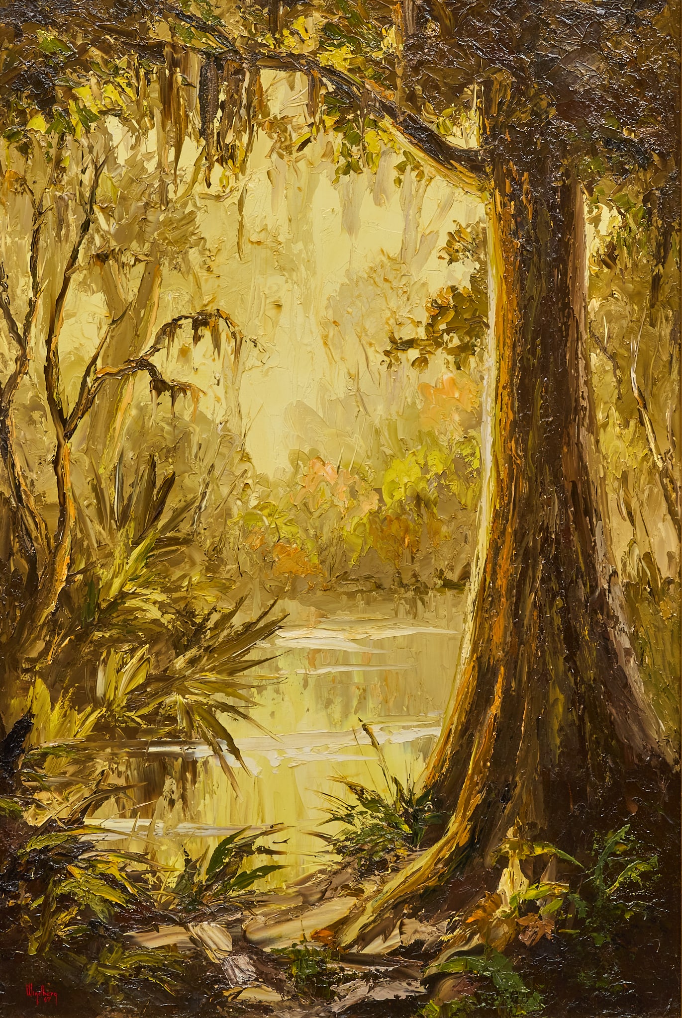 Dalhart Windberg, East Texas Cypress: Dalhart Windberg (Texas, b. 1933), East Texas cypress tree scene, oil on panel, palette knife technique, signed and dated lower left, 1967 sight: 36 x 24 in. Frame: 39.5 x 27.5 Note: lot