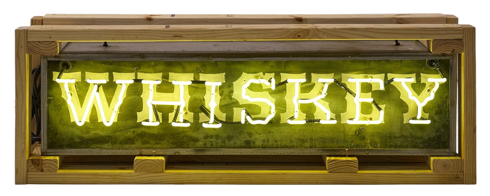 Whiskey Neon: Custom-made "Whiskey" neon sign with yellow tubing, double-sided, in working condition, includes shipping frame height 12 in. x width 48 in. x depth 12 in. Provenance: Property from a