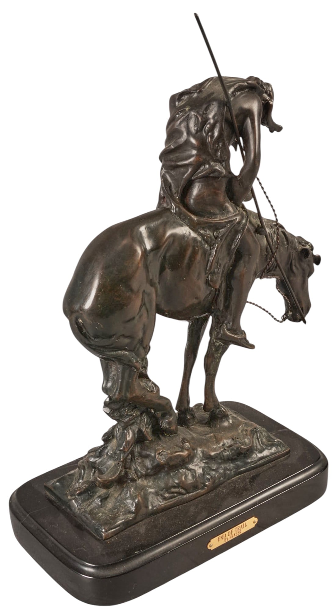 After J. E. Fraser, "End of the Trail": After James Earle Fraser (Amer., 1876-1953), "End of the Trail", bronze recast sculpture height 16 in. x width 11 in. x depth 16 in. (including base) Provenance: Property from a collection
