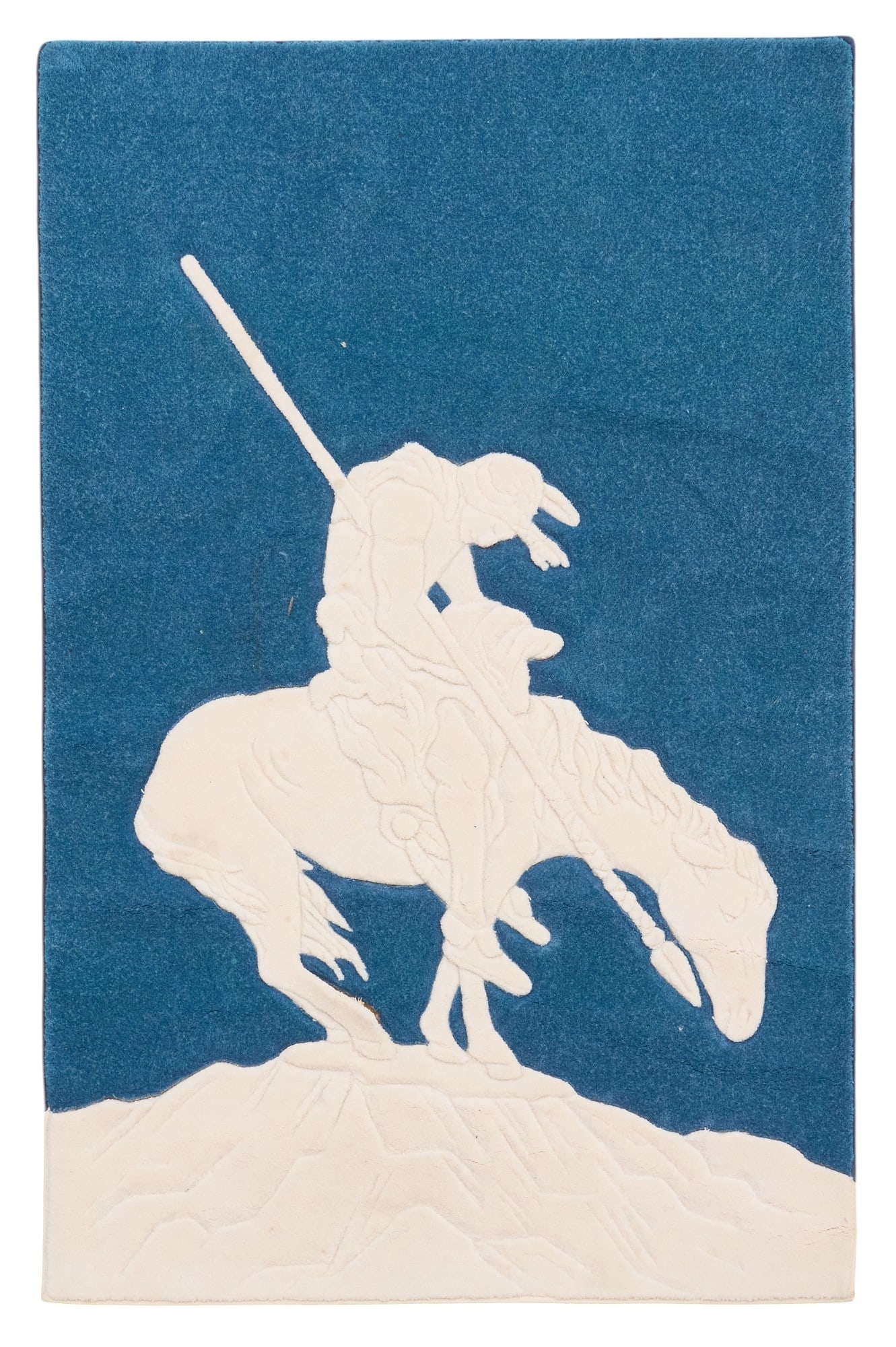 "End of the Trail" Rug, 6 ft. 2 in. x 4 ft.: Rug depicting a a silhouette of a famous 1894 bronze sculpture titled "End of the Trail" by James Earle Fraser (1876-1953) 6 ft. 2 in. x 4 ft. Provenance: Property from the