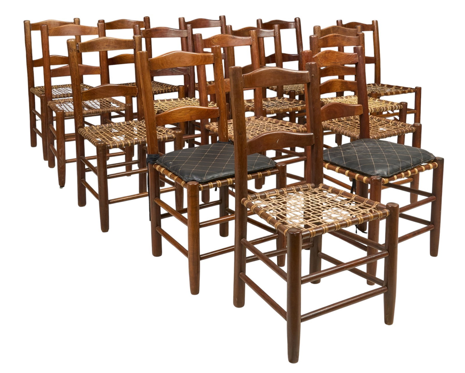 Set of (15) Ranch Style Chairs: Set of fifteen ranch style ladder-back oak side chairs with woven chord seats height 35 in. x width 16 in. x depth 19 in. / each Provenance: Property from the personal law library of