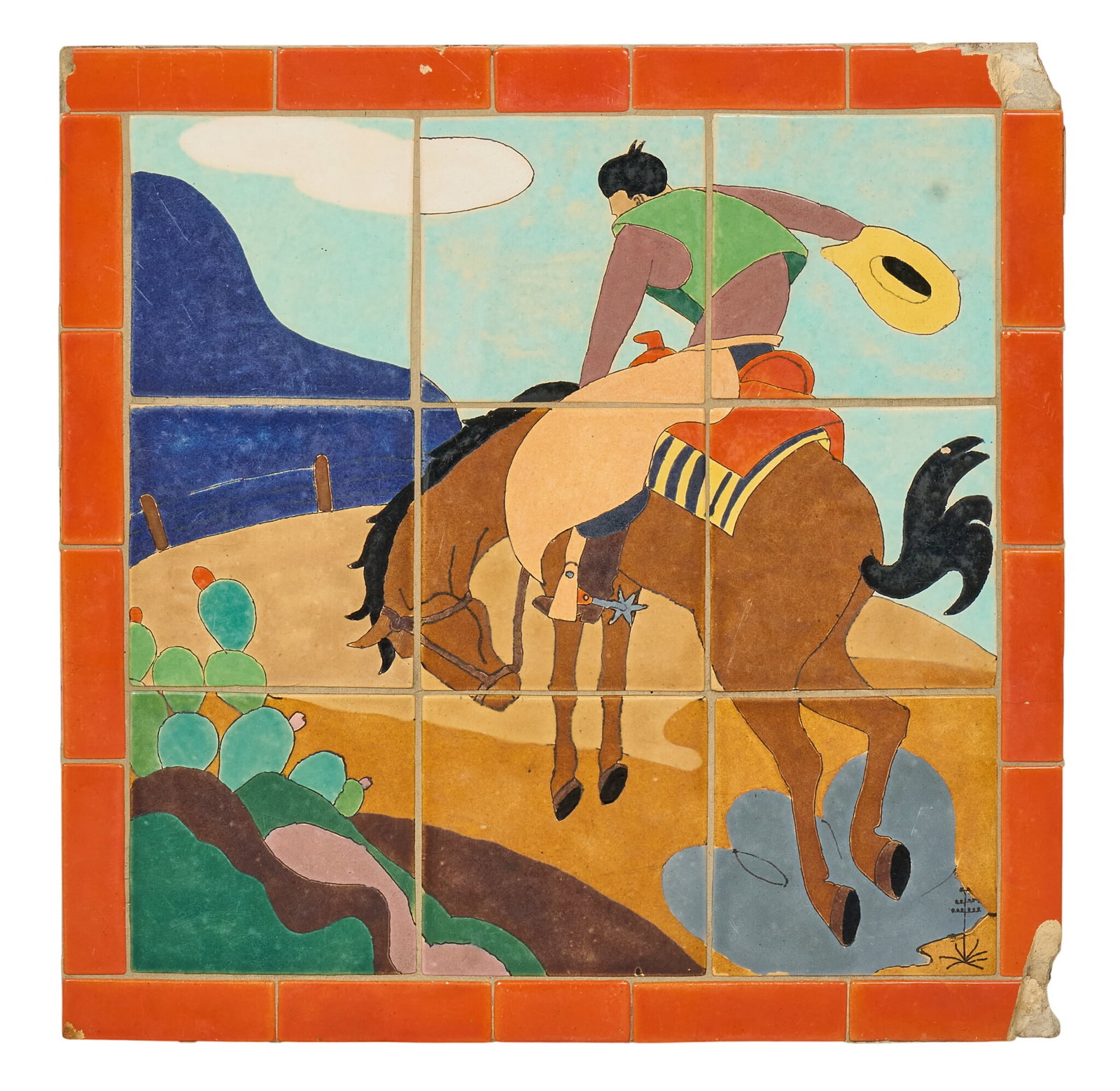 San Jose Pottery, Cowboy Tile Panel: Pictorial tile panel display by San Jose Pottery, (directed by Ethel Wilson Harris, San Antonio, Texas), cowboy on a bucking bronco in a desert landscape, with signature maguey mark in corner; nine