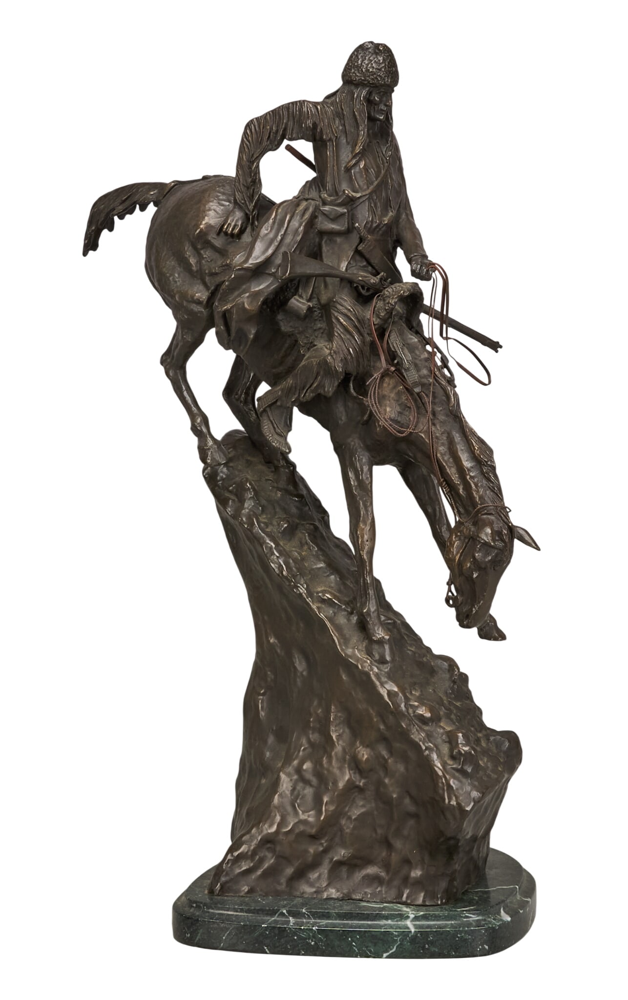 After Frederic Remington, "The Mountain Man": After Frederic Remington (Amer., 1861-1909), "Mountain Man", bronze recast sculpture on green stone base height 29 in. x width 12 in. x depth 20 in. Provenance: Property from
