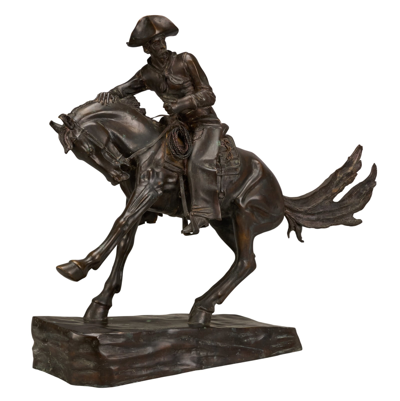 After Frederic Remington, "The Cowboy": After Frederic Remington (Amer., 1861-1909), "Cowboy", bronze recast sculpture, freestanding, purchased from a foundry where it was assembled by hand height 34 in. x width 43 in. x