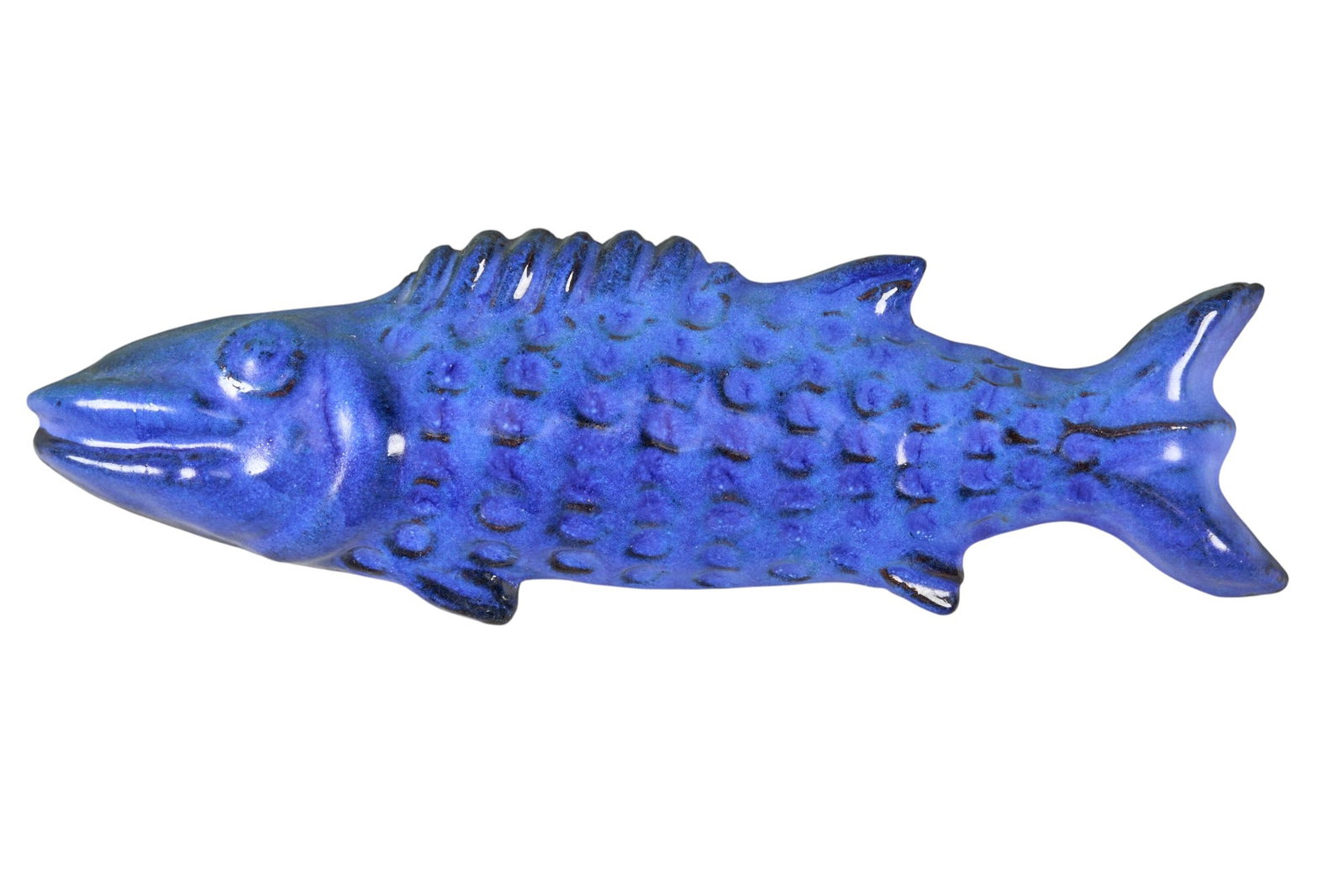 Harding Black, Blue Fish Sculpture, 1974: Harding Black (San Antonio, Texas, 1912-2004), dark blue fish sculpture, glazed and fired ceramic, incised signature and date on the underside, 1974, wired for hanging on the wall height 5 in. x