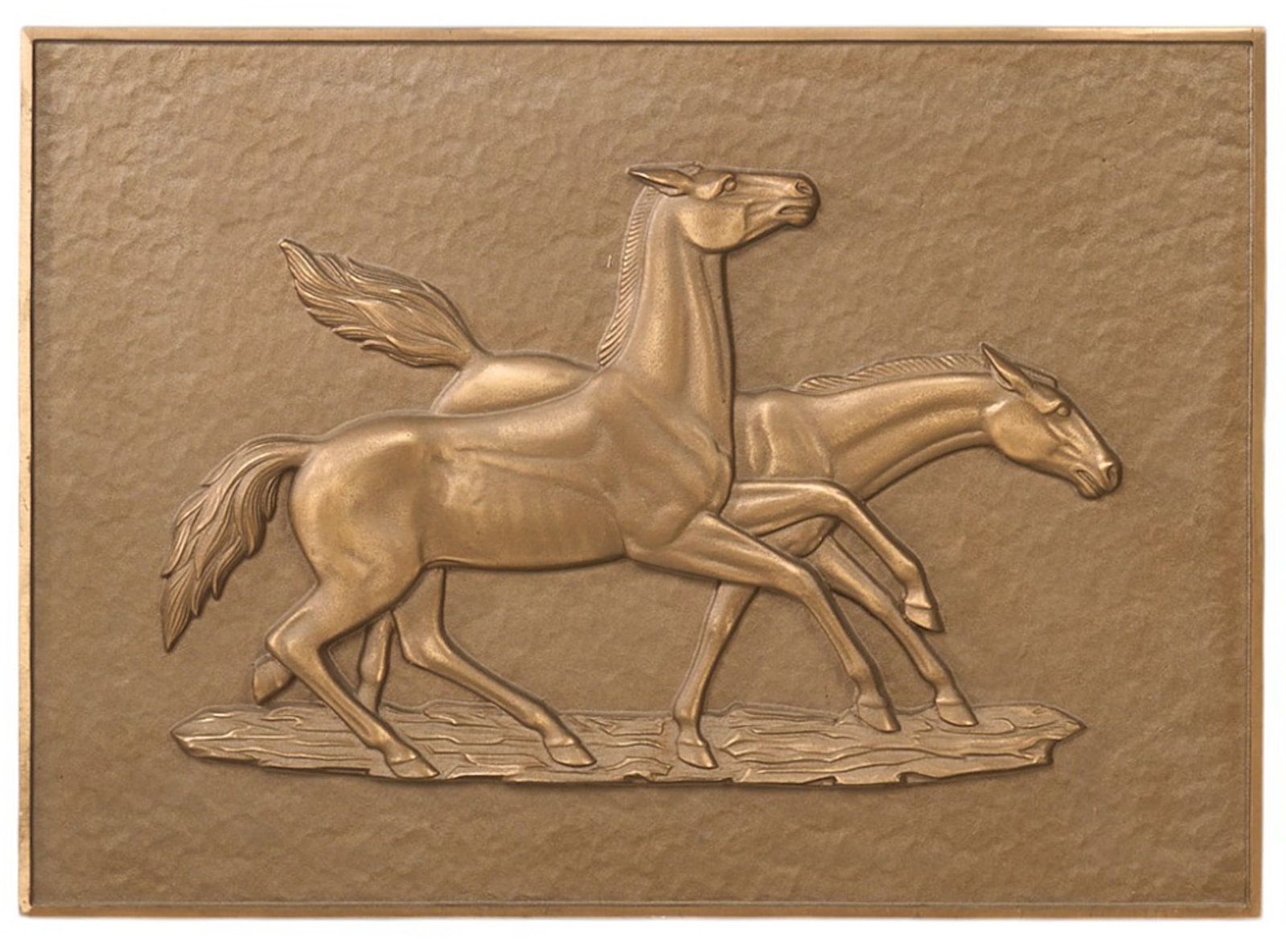 Alamo Iron Works, Running Horses Plaque: Solid cast bronze sculptural relief plaque depicting two running horses, one of four ever cast, two were commissioned by a San Antonio bank circa 2000, two additional were cast for the owners